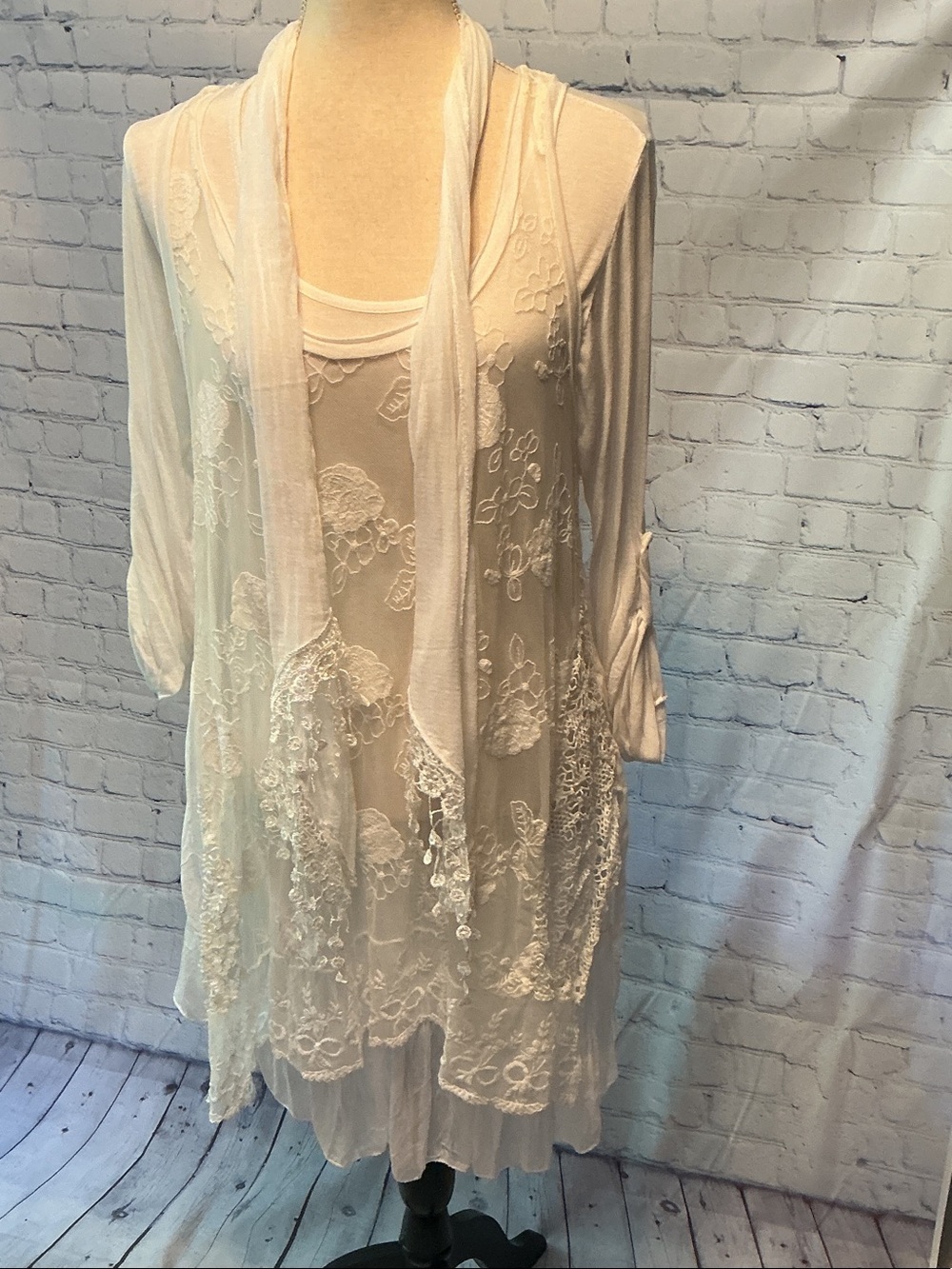 Cream Lace Layered Women's Dress with Sheer Overlay